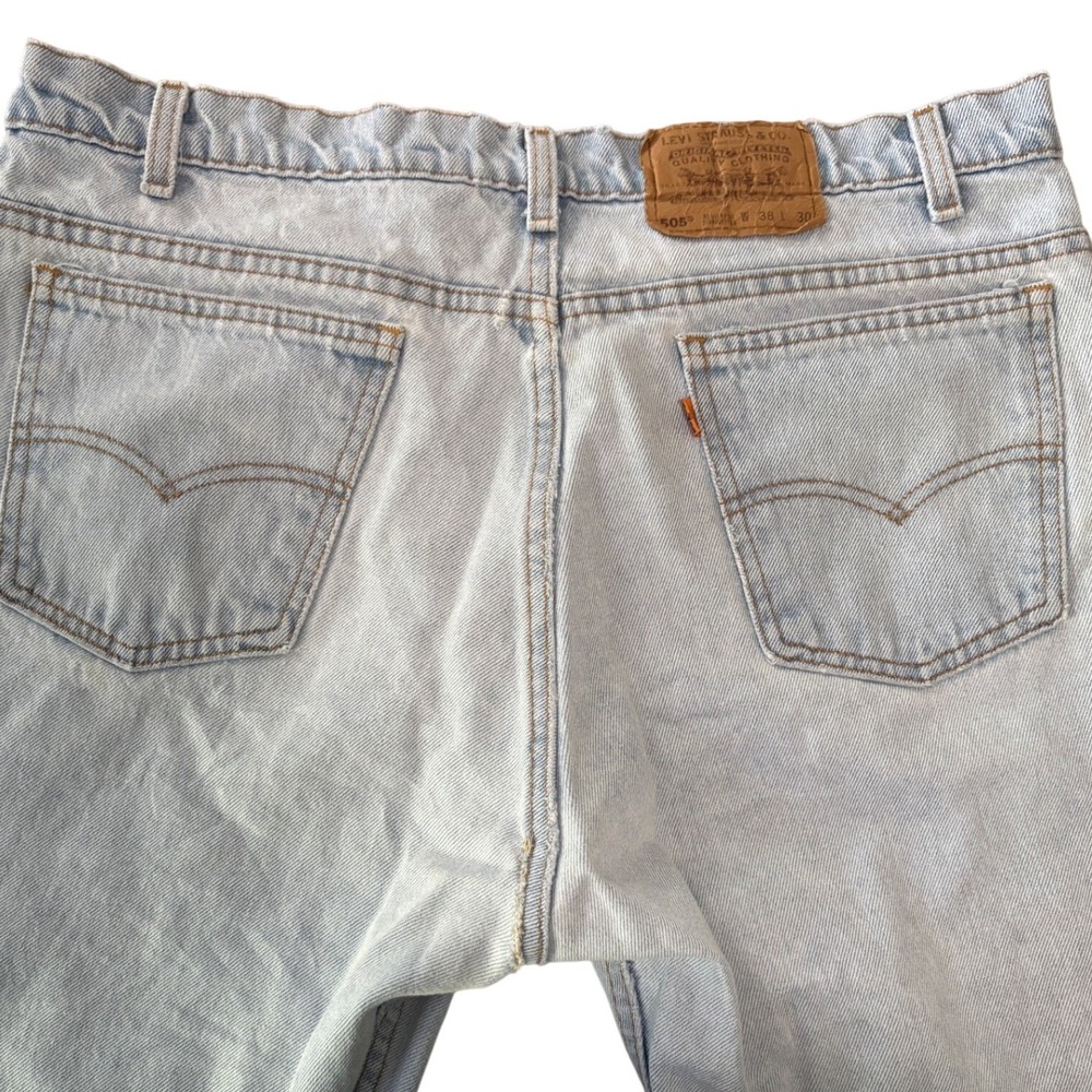 Vintage Levis 505 Orange Tab 38x30 Made in USA Light Wash Distressed Denim Jeans